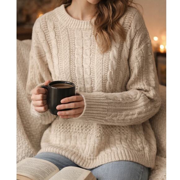 Cream Cable Knit Size Large Cottagecore Sweater Cozy Fisherman Knit - Picture 2 of 12